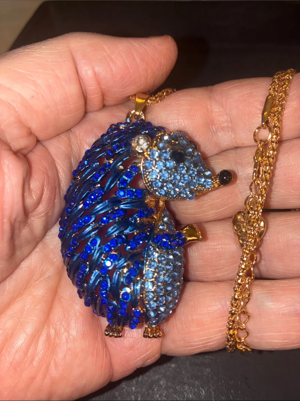 Blue Crystal Hedgehog Pendant Necklace - Gold Tone